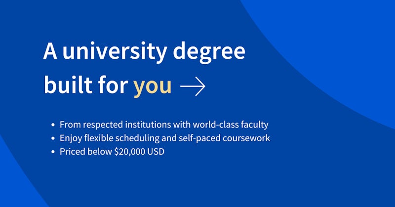 An infographic that says: A university degree built for you. From respected institutions with world-class faculty. Enjoy flexible scheduling and self-paced coursework. Priced below $20,000 USD