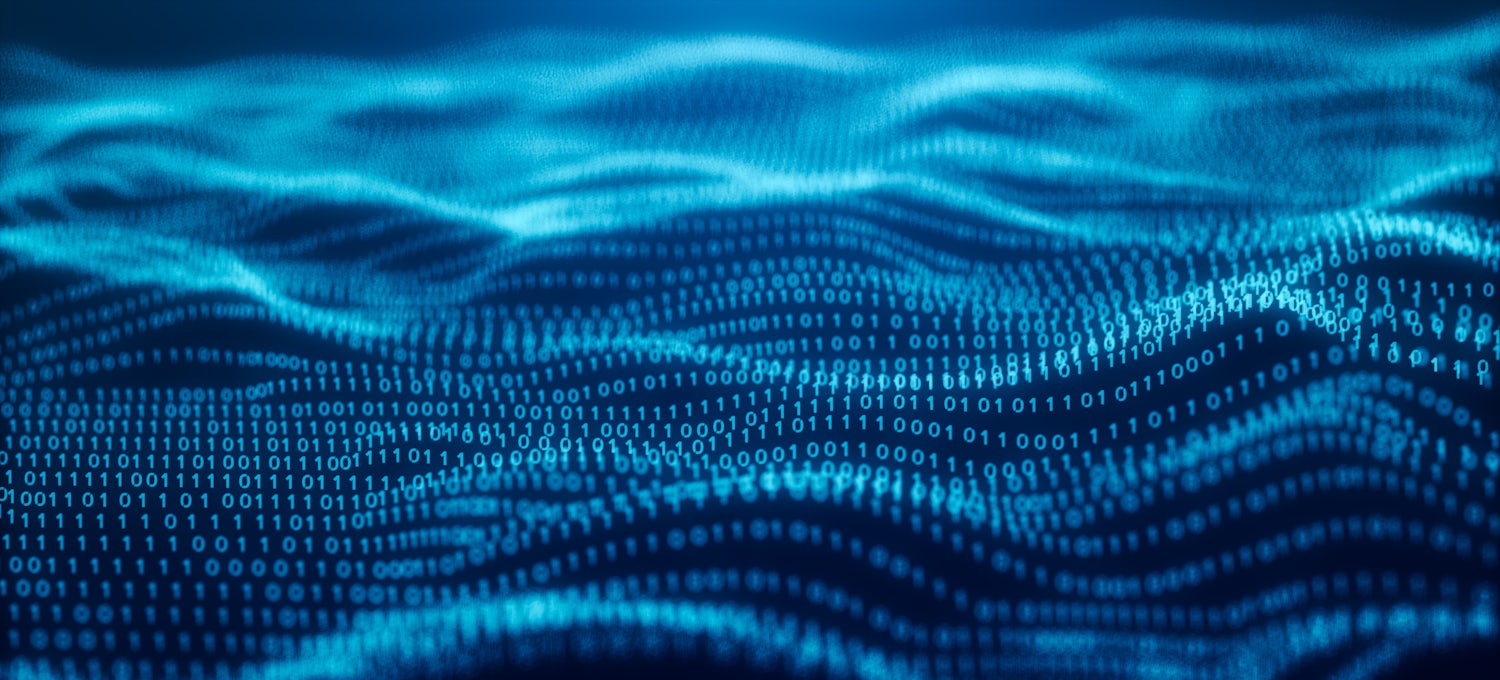 [Featured Image] An abstract art design of blue waves and binary code.