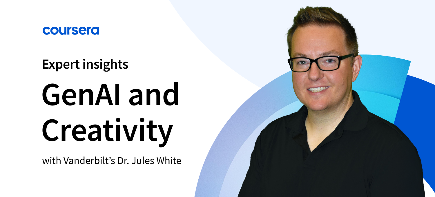 A portrait of Dr. Jules White, computer science professor and Vanderbilt’s Senior Advisor on Generative AI, on a graphic that says GenAI and Creativity