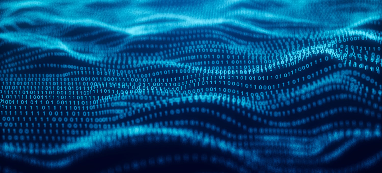 [Featured Image] Blue lines of binary code ripple across a black screen in waves.