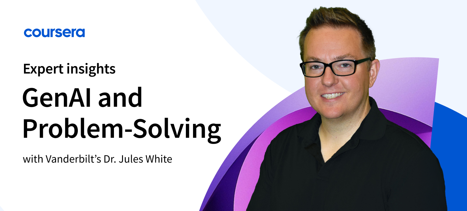 [Featured image] A portrait of Dr. Jules White, computer science professor and Vanderbilt’s Senior Advisor on Generative AI, on a graphic that says GenAI and Problem-Solving