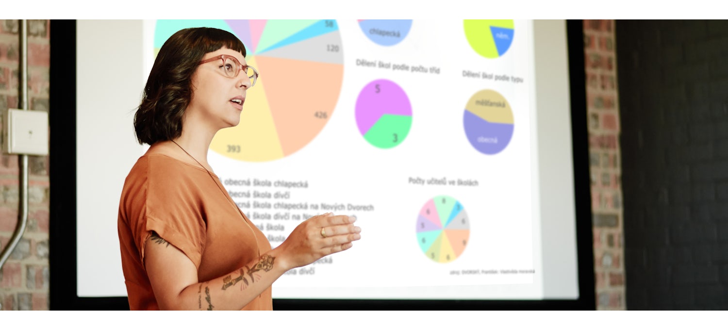 [Featured Image] A woman with glasses and tattoos gives a presentation on a product's target market.  