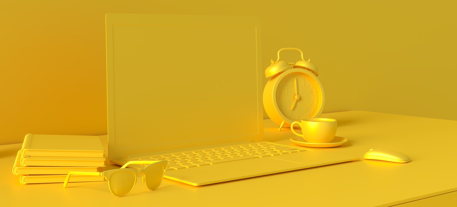 [Featured image] Monochrome graphic in yellow showing a pile of notebooks, sunglasses, laptop, alarm clock, and a cup of coffee on a desk.